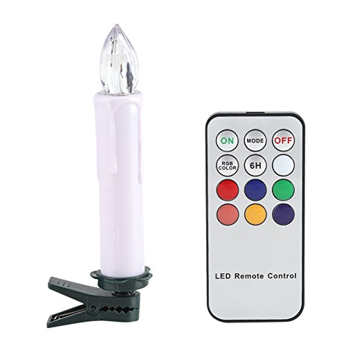 Jwthee 10 velas LED sin llama con temporizador remoto con clip para árbol de Navidad, luces coloridas para ventana, funciona con pilas, velas falsas eléctricas
