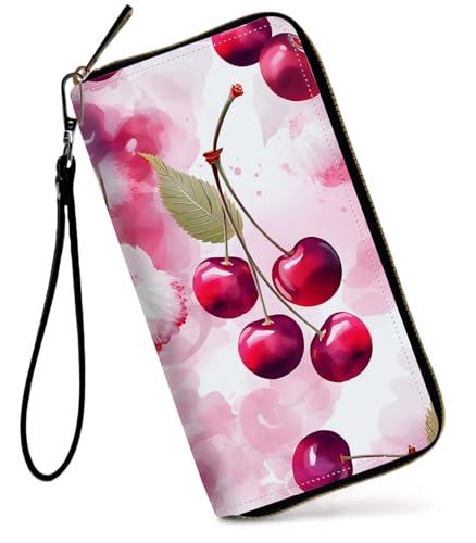 Womens Wallet, Large Capacity RFID Blocking PU Leather Wristlet Wallets for Women Ladies Men Credit Card Holder Zipper Wallet Phone Holder Clutch Travel Purse, Pink Cherry
