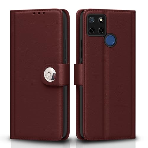 Image of Pikkme Flip Cover Leather Finish | Inside TPU with Card Pockets | Wallet Stand and Shock Proof | Complete Protection Button Flip Case for Realme C12 / Realme Narzo 20 / Narzo 30A / Realme C25 (Brown)
