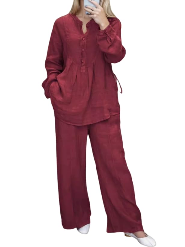 Womens 2 Piece Set Casual Loose Cotton Linen Matching Outfits Solid Pleated Button Up Shirt Wide Leg Long