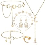 Conjunto de Joyas para Mujer 6 PCS Conjunto de Joyas Elegante Conjunto Cadena de cintura,Anillo,Collar y Pendientes Pulsera Diadema,Conjuntos de Bisutería Bohemia Mujer para Fiesta de Carnaval (Oro)