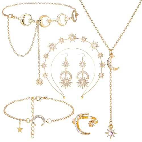 Conjunto de Joyas para Mujer 6 PCS Conjunto de Joyas Elegante Conjunto Cadena de cintura,Anillo,Collar y Pendientes Pulsera Diadema,Conjuntos de Bisutería Bohemia Mujer para Fiesta de Carnaval (Oro)