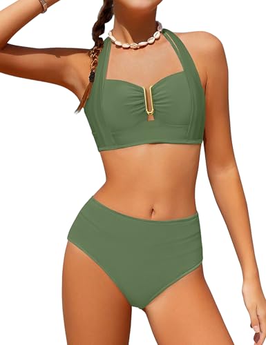Image of BAVADER Girls Swimsuit 2 Piece Halter Bikini Set V-Neck Cutout Solid Bathing Suit Padded High Waisted Swimwear 9-16Y