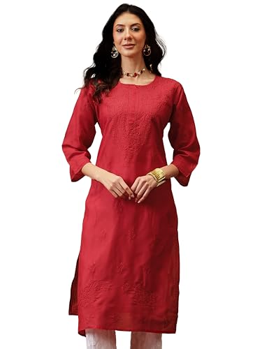 Image of Ada Hand Embroidered Lucknowi Chikankari Straight Cotton Kurta Kurti for Women A133488