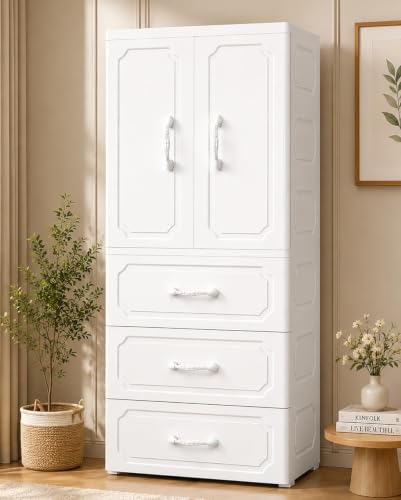 Image of EXVITO Plastic Wardrobe for Cloth with Drawers & Hanging Rod | Cupboard for Clothes Storage | Foldable Collapsible Plastic Almirah | Cabinet for Bedroom and Livingroom- White