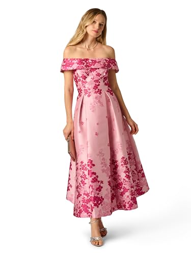Image of Adrianna Papell Women's Floral Off Shoulder Dress - Formal Jacquard Dress with Fitted Bodice & Structured Long Skirt