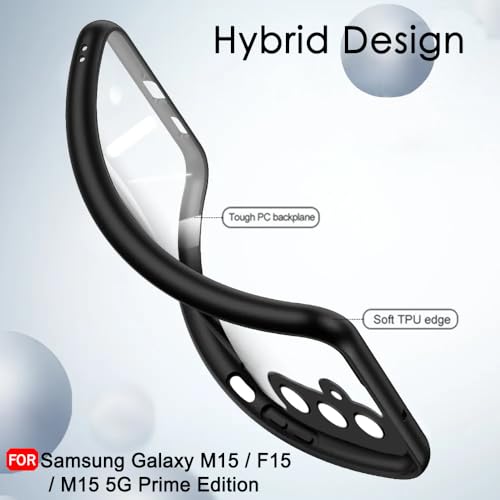 Image of TheGiftKart Hybrid Shockproof Sleek Armor Back Cover Case for Samsung Galaxy M15 / F15 / M15 5G Prime Edition | 360 Protection | Crystal Clear Hard Back Transparent Cover (PC & TPU, Black Bumper)