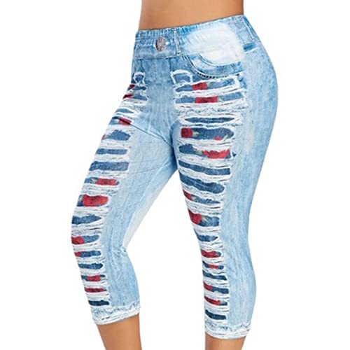 Ripped Cropped Jeans for Women High Elastic Waist Butt Lifting Stretchy Skinny Faux Jeans Slimming Trendy Capri Pant3