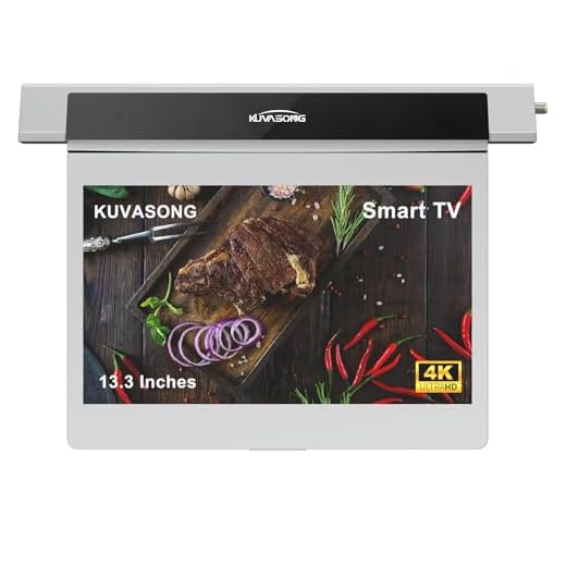 KUVASONG 13.3 Inches Flip Down Smart Kitchen TV, 4K Resolution, Full Viewing Angle Under Cabinet Kitchen TV, Silver Color (KVS133KT-S, 2024 Model)