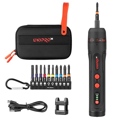 Dnipro-M Tournevis à batterie 3.6V, couple 4.5Nm auto/10Nm manuel, LED, batterie Li-Ion 2000mAh, recharge Type-C, 320rpm. Mini Visseuse de précision avec 10 embouts inclus. CSD-40X.