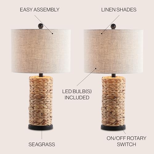 Image of JONATHAN Y 25 inch Natural Coastal Water Hyacinth Table Lamp Set of 2, Bedside Lamp with Light Grey Linen Shade, Boho Farmhouse Decor for Living Room Nightstand, LED Bulbs JYL6502A-SET2