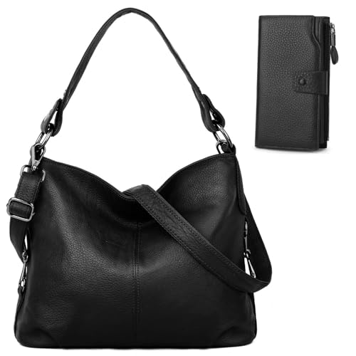 YALUXE Bundle Women's Real Leather Handbags Purses and RFID Protected Card Wallets Black 2