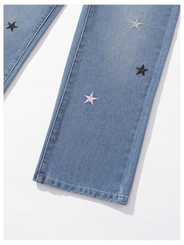WDIRARA Girl's Star Embroidery Denim Pants Elastic Waist High Straight Leg Jeans4
