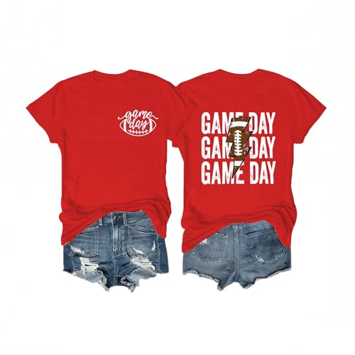 Football Shirts for Women Game Day Cute Sunday Funday Graphic Gameday Outfits Tops(Red-XL)