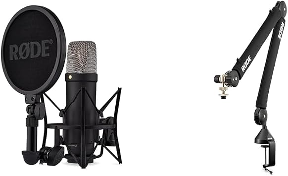 Rode NT1 5th Generation Condenser Microphone with SM6 Shockmount and Pop Filter - Black & PSA1+ Desk-Mounted Broadcast Microphone Boom Arm