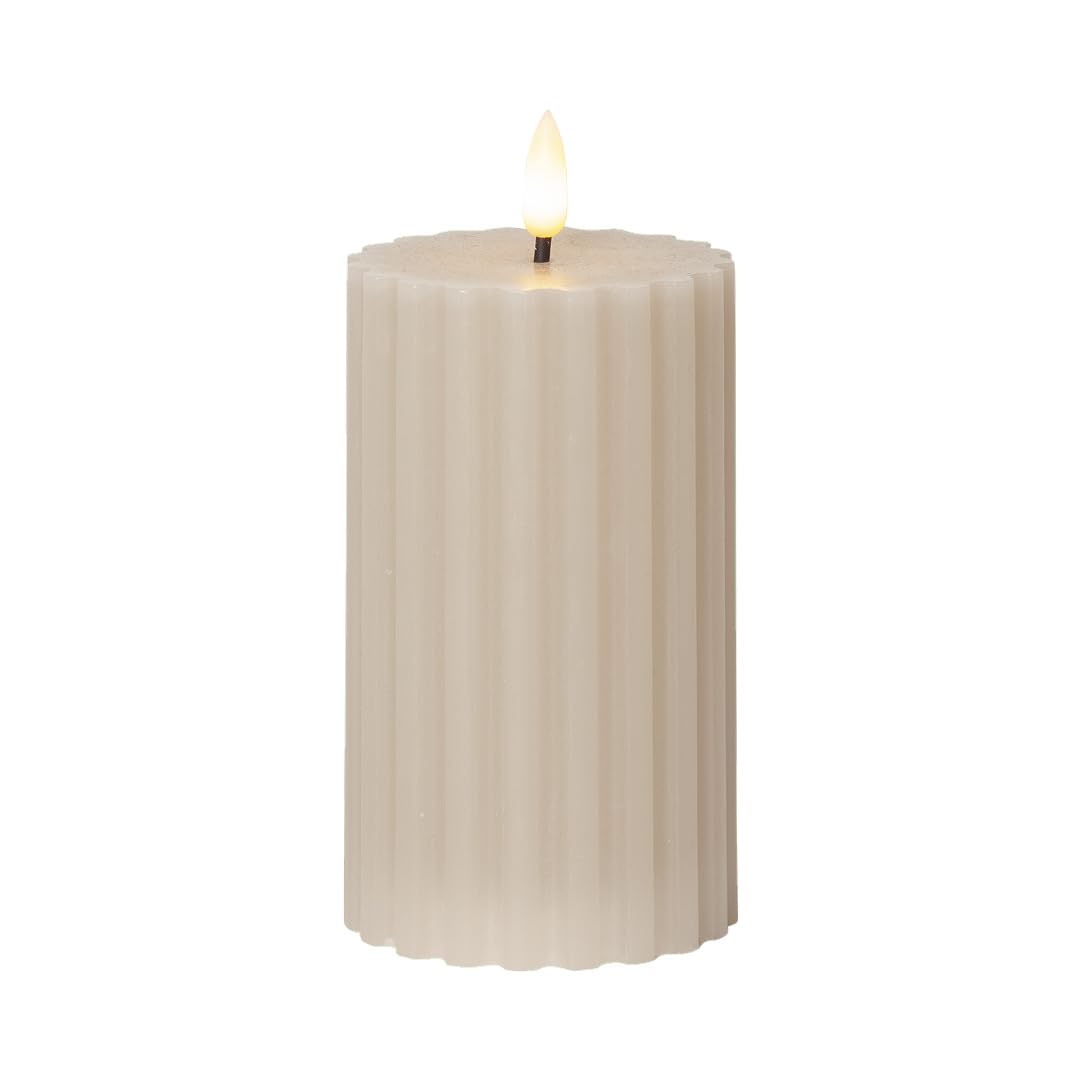 Star Trading Beige Stripe Led Block Candle Flame - Realistic, Wax Look, Timer, Safe, Warm White, For Indoor, Atmospheric Decoration, 15 Cm, Modern Groove Structure, Battery Operated