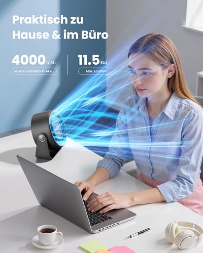 Gaiatop USB Ventilator Klein Leise, Akku Tischventilator mit 5 Stufen & Kraftvoller Luftstrom, Touch-Display, 360° Neigbar, Mini Akku Ventilator für Schlafzimmer Büro Schreibtisch, Schwarz