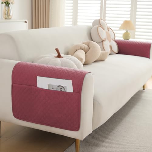 Image of HOKIPO Polyester Quilted Sofa Armrest Cover with Pockets, Mauve Pink, Pack of 2 (1 Pair) (IN-787-L-PCH*2)