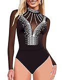SEBOWEL Women Rhinestone Bodysuit Tops Turtleneck Long Sleeve Glitter Sparkly Sheer Mesh Bodysuit Leotard See Through Club Outfits, Black, M