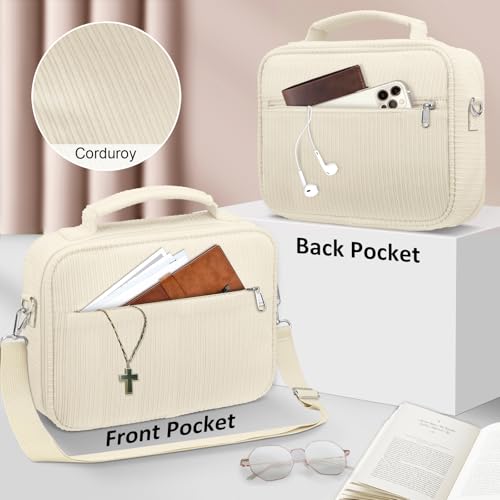 FINPAC Large Bible Cover w/Shoulder Strap, Carrying Book Case Church Bag Bible Protective w/Pen Slots and Zippered Pocket, Gift for Women Lady, Corduroy Beige - Thumbnail 2