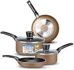 SereneLife 6-Piece Pots & Pans Set – Non-Stick Cookware Set with 2 Sauce Pots & Lids, 8″ & 10″ Frying Pans, Gold