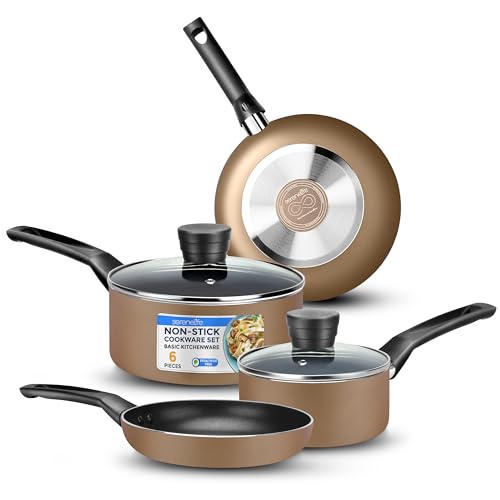 Image of SereneLife 6-Piece Pots and Pans Set – Nonstick Cookware, Black Coating, Heat-Resistant, Dishwasher safe, Includes Fry Pans, Saucepans with Lids, Color Gold