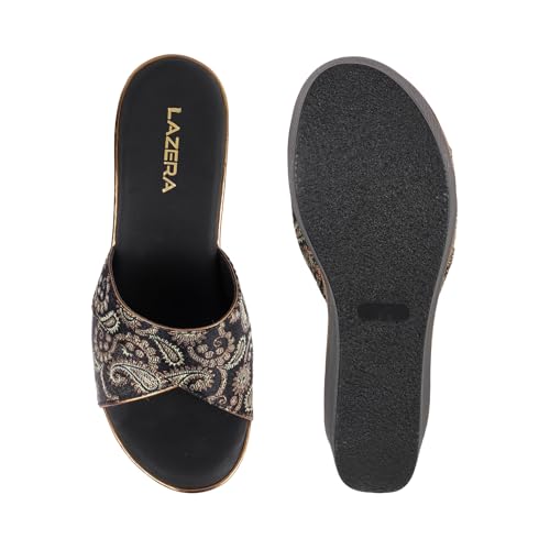 Image of Lazera Platform Wedge Sandals|Sandals for Women|Platform Heels|Floral Brocade Synthetic|Slip On|Regular Fit|2.5 Inch Heel