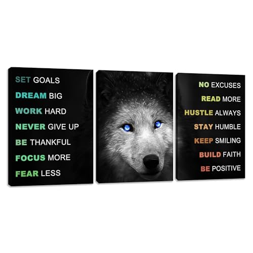 Decorazione da parete motivazionale per ufficio, motivo: lupo nero, 3 pezzi, con frasi positive nere ispiratrici nere, stampa su tela per donne e uomini, poster con cornice, decorazione per ufficio