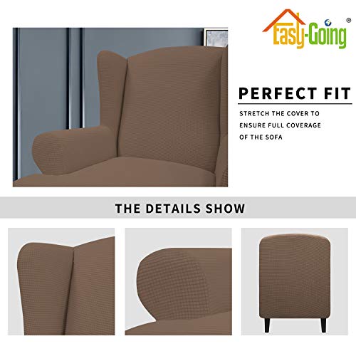 Image of Easy-Going Stretch Large Wingback Chair Sofa Slipcover Brown | 1-Piece Sofa Cover Furniture Protector Couch Soft with Elastic Bottom, Spandex Jacquard Fabric Small Checks