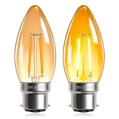 SCNNC 2W Vintage LED Bayonet Bulb B22 C35 Amber Candle Warm White 2200K, 20W Equivalent Non-Dimmable, LED Filament Candle E27 C35 Orange for Chandeliers Night Light, Pack of 2