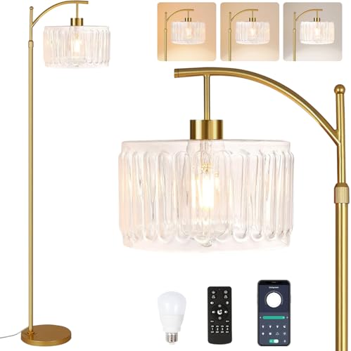 Image of QIYIZM Glass Floor Lamp for Living Room,Bedroom,Gold Dimmable Standing Lamp with Remote,Brass White Tall Lamp Boho Mid Century Modern Floor Lamps Arc Floor Light Lamp Girls Kids Bohemian