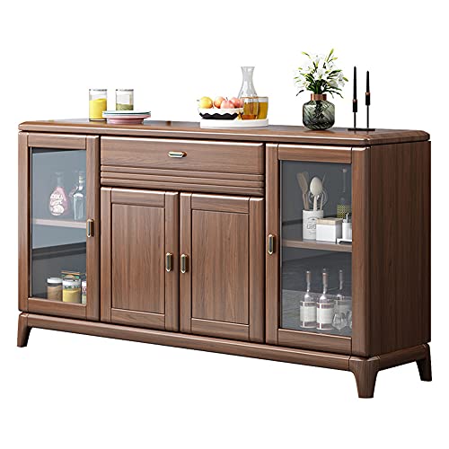QINJIE Aparador Buffet de Madera Maciza, gabinete de Almacenamiento Multiusos Moderno de Mediados de Siglo, con 2 gabinetes de Vidrio y 1 cajón 1 Puerta para Cocina/Sala de Estar