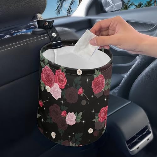 Image of Rose Black Patterns Car Trash Can Car Bag Accessories Interior Garbage Bin Hanging Portable Dustbin Bin Waste Basket Collapsible Car Trash Can Universal