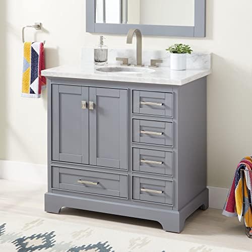 Signature Hardware 480640 Quen 36" Free Standing Single Vanity Set with Wood Cabinet, Vanity Top and Oval Undermount Vitreous China Sink - 8" Faucet Holes - Gray/Carrara Marble
