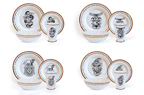 Robe Factory LLC Harry Potter Hogwarts House Logos 16-Piece Dinnerware Set | Ceramic Dish Set