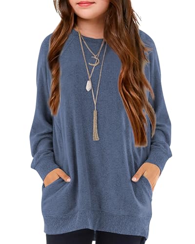 Image of Girls Shirts for 6-13 Years Long Sleeve Crewneck Tops with Pockets
