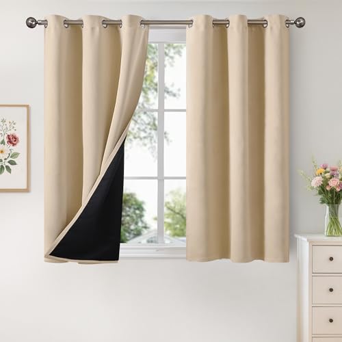 Image of YoungsTex 100% Blackout Curtains 54 Inch Length 2 Panels, Room Darkening Drapes with Liner Thermal Insulated for Bedroom Window, Warm Beige, 42 X 54 Inch