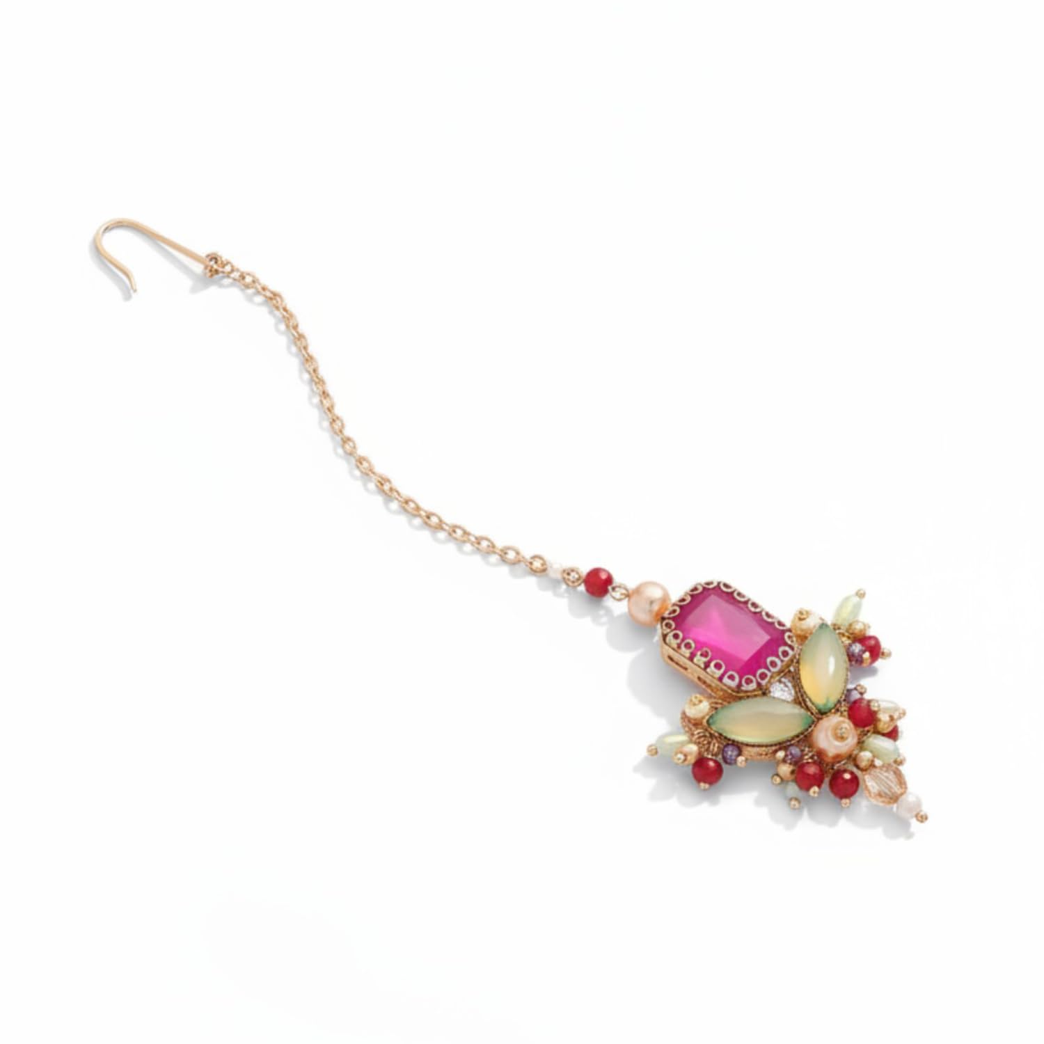 Embroidered Statement Maangtika for Women | Elegant Traditional Jewelry | Gold-Plated with Pink, Green & Pearl Embellishments | Ethnic Wear Jewelry for Womens-image-46