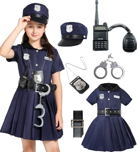 Wizland Police Costume For Girls Career Day Halloween Toddler Cop Costume Police Uniform Outfit for Girls 6-8Y