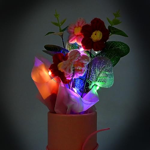 Image of Cortina Plastic Handmade Crochet Artificial Flowers with Light|Aesthetic Room Decor, Living & Bedroom Decor|Artificial Flower Wall Decor|Great for Gifting - Pink and Yellow - 8.12x6.35x19.8 CM