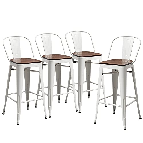 Yongqiang 30" Metal Bar Stools Set Of 4 Bar Height Stools Industrial High Back Bar Chairs With Wooden Seat Cream White #TOP4
