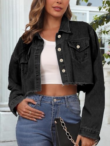 Jean Jacket for Women Cropped Denim Jackets Button Down Long Sleeve Fitted Crop Top Frayed Hem Jean Coat2