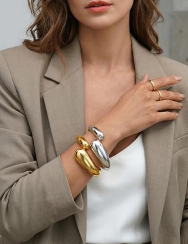 Image of Chunky Gold Bangle Bracelets for Women, Dainty 14k Gold Plated Big Stackable Bangles Set, Trendy Statement Cuff Bracelet Stack Fashion Jewelry Gifts