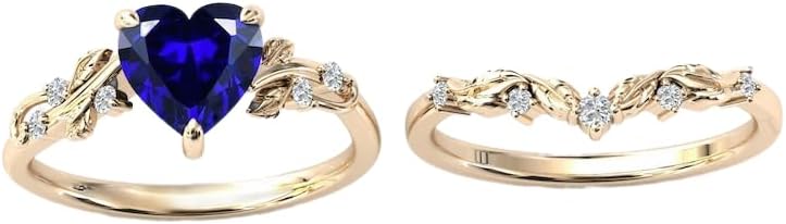 Generic Blue Sapphire Engagement Ring Set For Women Blue Gemstone Wedding Ring Set Hear Shaped Blue Sapphire Bridal Ring Set