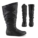Twisted Shelly Women’s Flat Knee High Slouch Riding Boots, Wide Calf Ladies Shoes, Black, 10