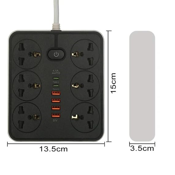 Image of Extension Board, Power Strip with 6 USB Ports and 3 Universal Socket, 2500W 10A Extension Cord, 3-Pin Surge Protector Power Strip for Home, Office, Computer, Mobile Charging (White-Z67)