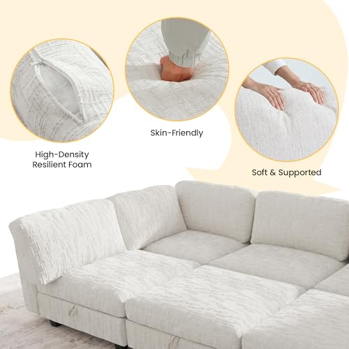 Image of 128 inch Modular Sectional Chenille Sofa bed with Hidden Storage, Comfy Modern 8 Seater Oversized Deep Seat Couch, Modular Sectional with Ottoman and Removable Cover for Living Room, Apartment, Beige