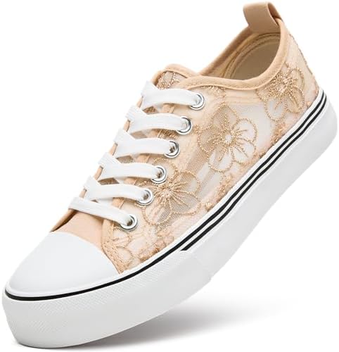 ZGR Summer Tennis Shoes for Women,Womens Casual Breathable Mesh Lace Canvas Shoes,White Sneakers with Embroidery Flower(Apricot.US8)