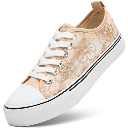 ZGR Summer Tennis Shoes for Women,Womens Casual Breathable Mesh Lace Canvas Shoes,White Sneakers with Embroidery Flower