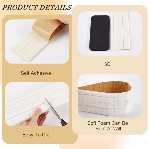 Image of GORGECFAFT 2 Rolls 91x3 Inch Crown Molding Peel and Stick Floral White 3D Wall Edging Foam Flexible Wallpaper Border Mirror Edging Frame Lines Wall Base Ceiling Baseboard for Home DIY Furniture